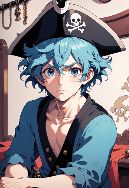 a man with blue hair on the mantel, pirate hat, wild curly hair, kawaii, pastel in the style of rumiko takahashi, simplified and stylized portraits, oshare kei, rococo, blink-and-you-miss-it detail, realistic, piratepunk, flat color, cel shading, screen print