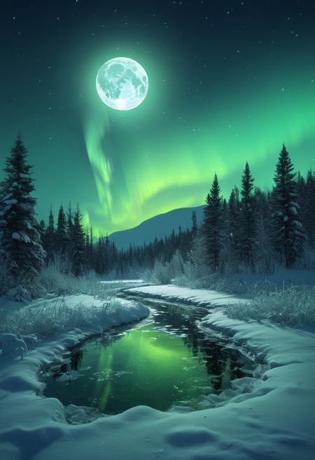 night, full illuminating moon, winter meadow, reflection in snow, nothern lights, aurora borealis, glowing, masterpiece, best quality, double exposure, realistic, whimsical, fantastic, splash art, intricate detailed, hyperdetailed, maximalist style, photorealistic, concept art, sharp focus, harmony, serenity, tranquility,
mysterious glow, soft colors,
ambient occlusion, halation, cozy ambient lighting, dynamic lighting,masterpiece, liiv1, linquivera, metix, mentixis, masterpiece, award winning,