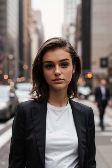 PaigeBonvallet2-300, photography by (Rodney Smith:1.3), ((upper body focus, shoulders)), modelshoot, pose, (business suit, black jacket, white blouse, facing viewer, busy Manhattan sidewalk, looking at viewer, blurry background, bokeh, ID photo:1.3), serious look