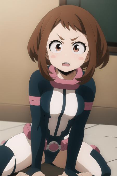 ochaco_uraraka, 1girl, blush_stickers, bodysuit, open_mouth, solo, boots, breasts, superhero, looking_at_viewer, clenched_hands, teeth, belt, rubble, blush, angry, debris, black_bodysuit, sitting, :o, indoors, high_heel_boots, v-shaped_eyebrows, blurry