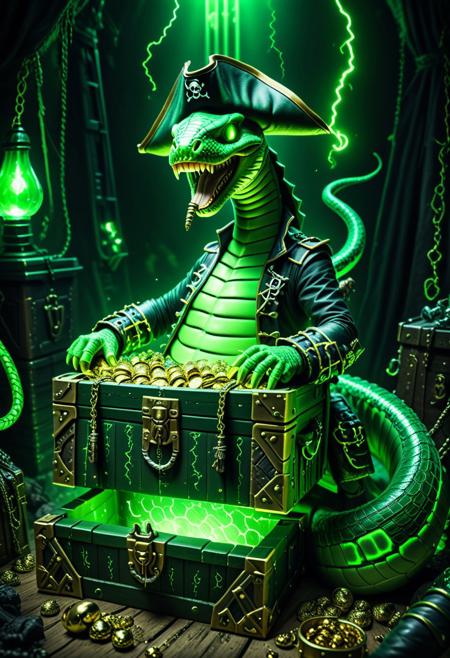 lazympos, Necron, electricity, green glow, green theme, cinematic, exaggerated happy snake in pirate costume, laughing at viewer , opening treasure chest