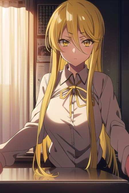 shizukamarikawa, <lora:shizukamarikawatest:1>,
shizuka marikawa, long hair, blonde hair, very long hair, low-tied long hair, (yellow eyes:1.5), hair between eyes,
BREAK skirt, shirt, long sleeves, ribbon, white shirt,
BREAK looking at viewer,
BREAK indoors, classroom,
BREAK <lora:GoodHands-vanilla:1>, (masterpiece:1.2), best quality, high resolution, unity 8k wallpaper, (illustration:0.8), (beautiful detailed eyes:1.6), extremely detailed face, perfect lighting, extremely detailed CG, (perfect hands, perfect anatomy),