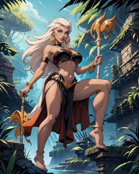 Queen la_DG dark skin, white hair, long hair, aqua eyes,  Jewelry, cape, bracelet, neck ring, armlet, earrings, tube top, loincloth,