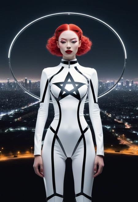 an android woman holding a giant black circle in bold lines intersected by a thick pentagram held up in hands, five pointed star, symmetrical,
In the background: ((An enormous city sprawl with a city skyline reaching for the stars,
Aleph Tower, centre for the AI that rules the Human civilization, in a glittering city of glass and shining metal,
   bright sunlight under a pitch black sky.
twice five miles of urban sprawl,
, slick suit, white top with thin shoulder straps,mechanical limbs, joints, metal face,( full body portrait:1.5), petite body, fake red hair with flowing curls, pale plastic skin, painted blush on cheeks, red lipstick, stale smile, proud)),  
Photographer Reuben Wu Style