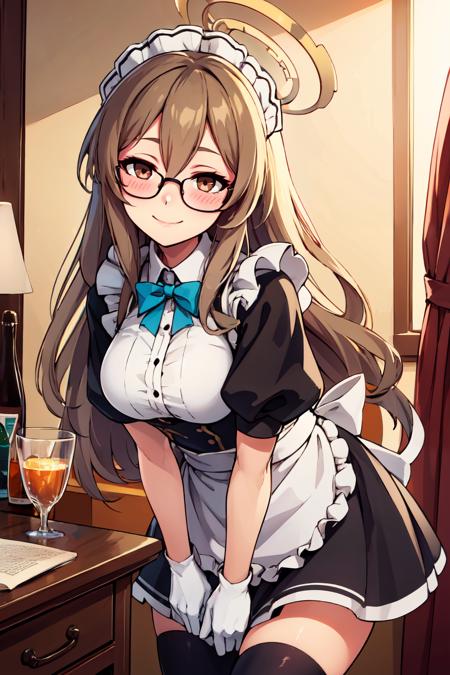 zzAkane, brown eyes, light brown hair, long hair, glasses, halo, black dress, maid apron, white gloves, blue bowtie, white thighhighs