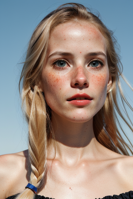 AlexNoiret as a young woman, (oiled shiny skin, tilted angle shot, 8k uhd, best quality, masterpiece, sharp focus, basic red backdrop), (pale skin:1.4), (long loose light blonde hair:1.6), freckles:0.9, (wide open eyes, lips parted, blue eyes, sparkling eyes, innocent, surprised:1.2), 1890s, Amish, (cat eyes:1.2), red lips,