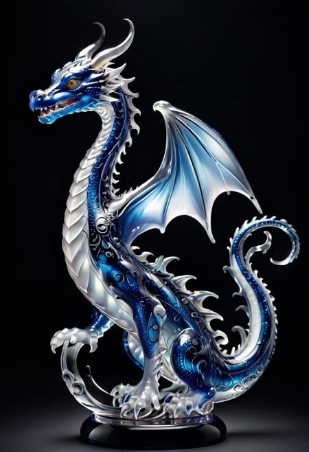 murano_glass_style dragon, glowing shapes in background, award-winning photographer style, broken heart inside body, dark aesthetic surrealism, minimalistic composition, white light effects, portrait photography, Art Nouveau influences, full-body shot, ghostly forms, dark black background, surreal photonegative, refractograph effect, ethereal glow, moody atmosphere, mysterious tone, emotional symbolism, surreal elegance
