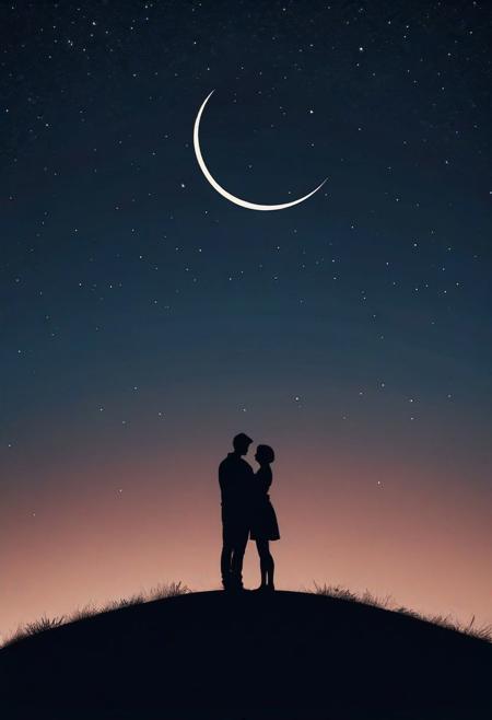 A silhouette of two lovers embracing under the crescent moon, set against an open night sky with stars twinkling in the background. The scene is captured from behind on top of a hill overlooking the horizon. It's a minimalist vector illustration with clean lines and soft lighting that casts long shadows over them, creating depth and emphasizing their connection to each other and the vastness above. by Brooke DiDonato minimalism