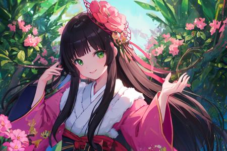 masterpiece, best quality, detailed, wallpaper, 
1girl, solo,  
long black hair,green eyes,
 pink kimono,no hands,
<lora:chiya_v2:0.37>,
smiling,