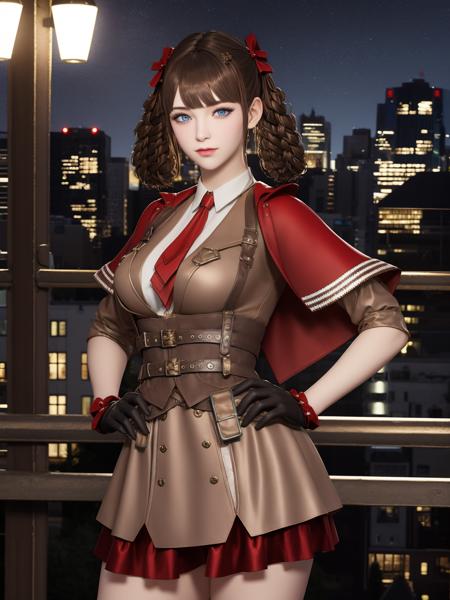 CFlanxierQF, 1girl, solo, gloves, brown hair, necktie, dress, looking at viewer,twin braids, bangs, blue eyes, braid, bow, capelet, belt, breasts, twintails, medium hair, hair bow, shoes,pouch,cityscape, night, cowboy shot,  <lora:CFlanxierQF:0.75>