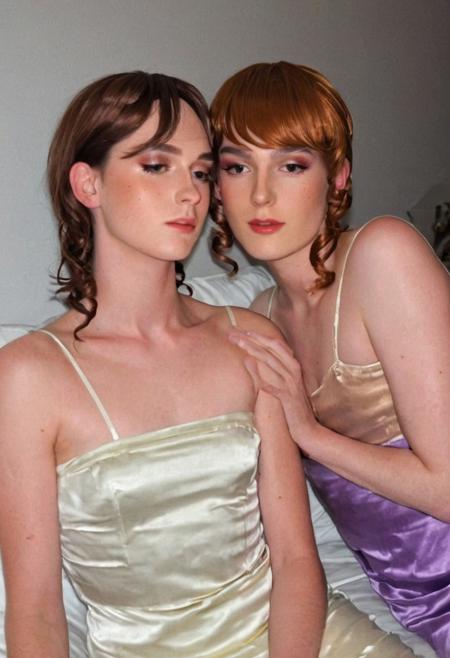 two cute skinny crossdressers, light freckles, slight smile, (lesbian kissing:2), touching
high contrast flash photography, night time, lying next to each other in bed, cheap motel, body hair
(light makeup:1.2)
loose (satin:2) chemises, ribbons, lace trim