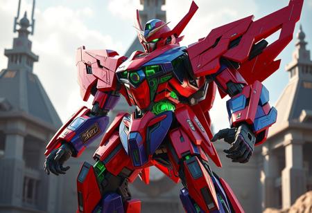 expert An ultra-detailed Battle Shogun of the Six Samurai mecha, vibrant multi-colored plating (red head/arms, blue torso, purple legs), silver visor. Translucent chassis revealing ultra intricate green internal circuitry. Dynamic ready stance, limbs poised for action, head subtly angled. Against an imposing Triamid Fortress details architecture backdrop. Cinematic dramatic lighting. High fidelity, impeccable composition, trending on Artstation, Octane Render, Unreal Engine 5 pro.