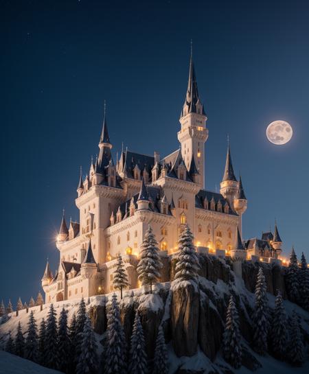 a woman queen ice, realistic photo of a castle on a hill with a full moon, HD. Photography, realistic motion effect light effect, photo, 8