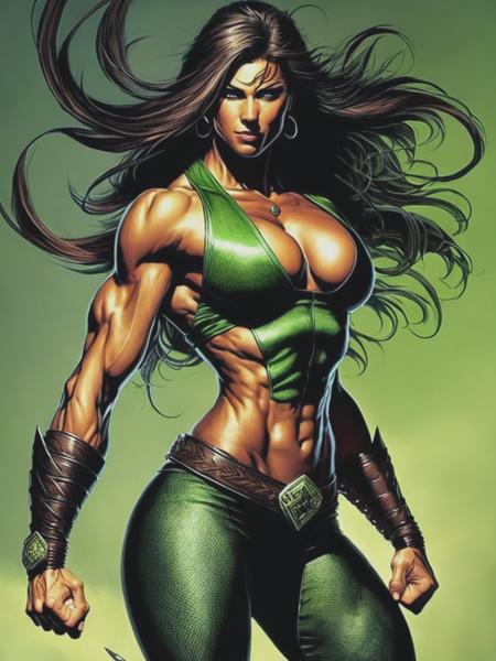 <lyco:MarcSilvestri:1.0> hottest muscular ninja brunette woman with green eyes, green brown outfit, highly detailed, epic heroic realistic painting by david finch