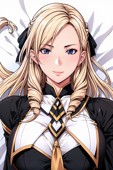 Simple White Background,
school uniform,long sleeves,black legwear, black skirt, black suit,with a tie,black and gold trim,white shirt,black dress,shoulder armor, 
<lora:Leona_Morimoto_Discipline-KK77-V1:0.7>,
blonde hair,very long hair, drill hair,blue eyes,Bangs,white hair ribbon,
<lora:Mariana_Luciano_NON_VIRGIN-KK77-V1:0.3>,<lora:more_details:0.1>,
1 girl, 20yo,Young female,Beautiful Finger,Beautiful long legs,Beautiful body,Beautiful Nose,Beautiful character design, perfect eyes, perfect face,expressive eyes,perfect balance,
looking at viewer,(Focus on her face),closed mouth, (innocent_big_eyes:1.0),Light_Smile,
official art,extremely detailed CG unity 8k wallpaper, perfect lighting,Colorful, Bright_Front_face_Lighting,shiny skin, 
(masterpiece:1.0),(best_quality:1.0), ultra high res,4K,ultra-detailed,
photography, 8K, HDR, highres, absurdres:1.2, Kodak portra 400, film grain, blurry background, bokeh:1.2, lens flare, (vibrant_color:1.2),professional photograph, 
(Beautiful,large_Breasts:1.4), (beautiful_face:1.5),(narrow_waist),