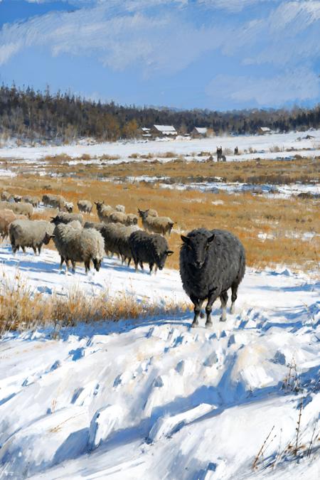 (masterpiece, best quality:1.2),intricate details <lora:JakubRozalskistyleV1:1>JakubRozalskistyle, werewolf, tundra, snow, open field, flock of sheep