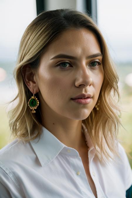 Realistic photo of a beautiful sc4rl3ttj-v2 woman,  1girl, solo, (((blonde hair))), jewelry, green eyes, earrings, white shirt,  lips, looking to the side, looking away, portrait, realistic, soft lighting, professional Photography, Photorealistic, detailed, RAW, analog, sharp focus, 8k, HD, DSLR, high quality, Fujifilm XT3, film grain, award winning, masterpiece<lora:sc4rl3ttj-v2:1.0>