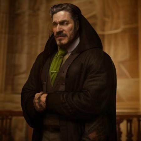 1man, middle-aged man, handsome, redefined, muscular body, wearing Black Hoodie, HD, High Quality, 4k Resolution, hannemanFE, gloves, long sleeves, necktie, coat, beard, mustache, monocle, muscular