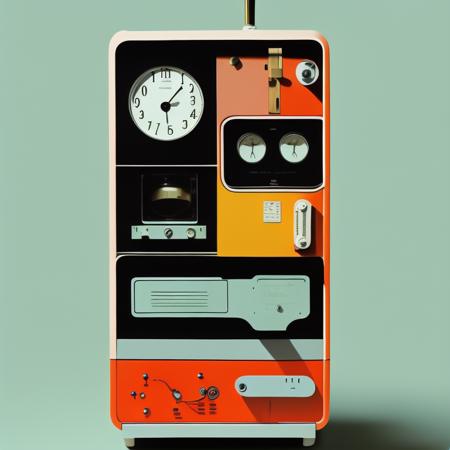 A surreal Time Machine designed by Dieter Rams. Product ad retro. Colorful stunning design.