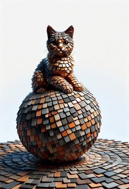 Ultrarealistic. sharp focus, dynamic lighting. play of light, reflection, refraction, Raytracing, Ultra detailed. A cat on top of a ball made of mad-shingles.