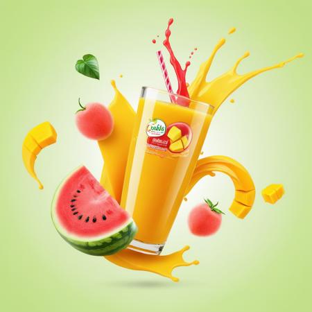 shuidi,<lora:shuidi:0.5>,a glass of fresh juice,mango,watermelon flying,