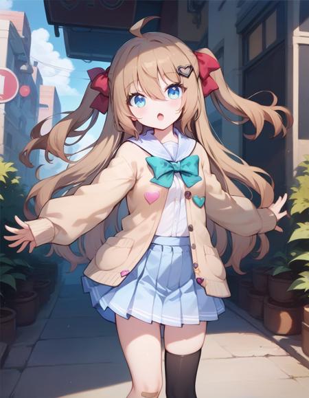 Neuro-sama ahoge,very long hair,long hair,brown hair,two side up,hair bow,red bow,hairclip,heart hair ornament,hair between eyes,bangs,blue eyes school uniform,blue sailor collar,brown cardigan,open clothes,open cardigan,white shirt,green bow,puffy long sleeves,sleeves past wrists,button badge,small breasts,blue skirt,pleated skirt,bandaid on knee,single thighhigh,asymmetrical legwear,black thighhighs,single sock,loafers,brown footwear