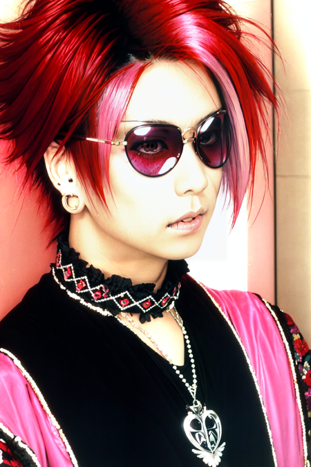 Vkei_Realism, (masterpiece), Hideto_Matsumoto, solo, 1boy, jewelry, earrings, necklace, red hair, short hair, pink rimmed sunglasses, pink hair, portrait, multicolored hair, brown eyes, upper body, (detailed face), (detailed fabric), rim lighting, cinematic lighting, portrait,<lora:Vkei_Realism:0.75>