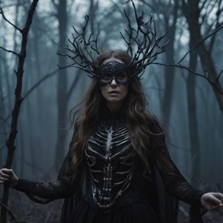 The Skeleton young Witch, flying, epoxy_skull, amidst a black swirling vortex in a dark, mystical forest. A beautiful woman with long hair stands, her figure draped in skeletal armor and an ethereal dress, engulfed by the swirling darkness. The scene is intensely cinematic, dominated by deep shadows pierced by subtle hints of light, crafting a dramatic interplay of darkness and luminescence. Wind, intensified to 1.2, weaves through the trees, enhancing her enigmatic silhouette, now surrounded by black smoke and the eye of a storm. Close-up on her sad expression, amidst sparkling embers and a billowing long piece of cloth, with a faint (intensity:0.5) hint of a Skeleton mask,