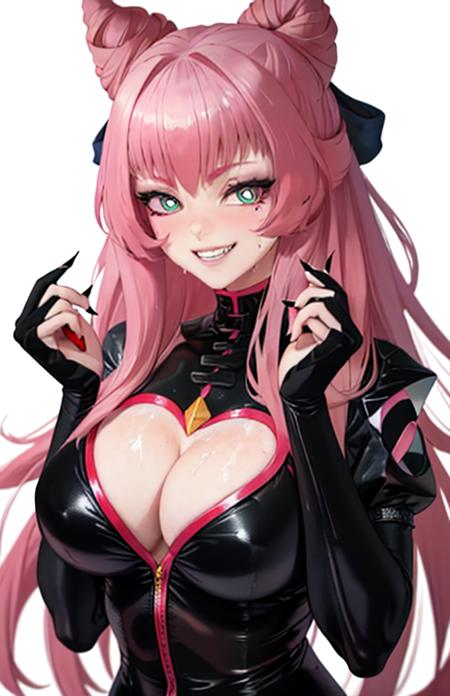 condesavr, grin, hair bun, heart, large breasts, lipstick, long hair, medium hair, open mouth, pink hair, symbol-shaped pupils, twintails,