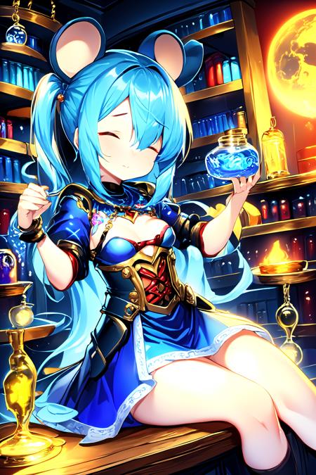 1girl, mouse ears, full moon, side ponytail, parted bangs, blue hair, (no eyes:1.3401),, armored dress, :c, basement, potions, vials, chains, books, shelves, potion shelves, reclining, exceptional, best quality
BREAK
(exceptional, best aesthetic, new, newest, best quality, masterpiece, extremely detailed, anime, waifu:1.2)