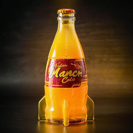 For a realistic depiction of 'Nuclear Cola - Mango Fusion', imagine a sleek, futuristic soda bottle that emits a soft, neon glow, hinting at the exotic mango flavor within. The vibrant label showcases a dynamic, atomic-themed logo, with 'Nuclear Cola - Mango Fusion' written in bold, lively typography. Shades of orange and yellow swirl around the bottle, evoking the essence of ripe, juicy mangoes. The bottle appears refreshingly chilled, with droplets of condensation shimmering under a luminous, contemporary light, set against a backdrop that combines cutting-edge refrigeration with a tropical ambiance. This scene captures the innovative spirit of a high-energy beverage, infusing the familiar Nuclear Cola with a tantalizing, sci-fi twist of mango <lora:nukacolas:0.75>