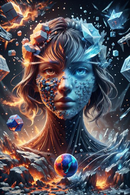 Human anatomy, fragmented faize body parts, 3d cube fragmentation of body, cubes and orbs breaking off face, cgi surreal masterpiece, vibrant colors, rim lighting, mechanical fragmentation, biosphere decomposition, high detail, floating parts, detailed cosmic background, fractal art, galaxy light vision, 16k, Astral concept art, sharp lines <lora:faize-sdxl:1> faize <lora:ral-faize:1> faize