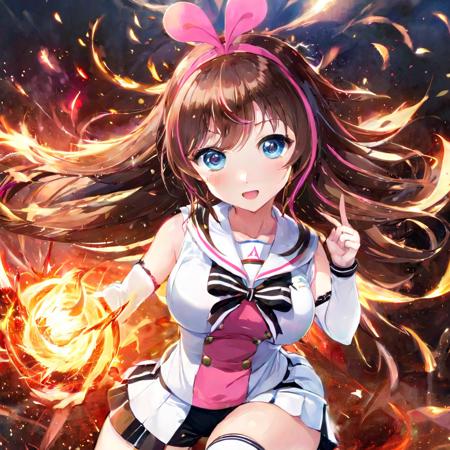 (Masterpiece, high quality, best quality, official art, beauty and aesthetics:1.2),<lora:Kizuna AI:0.9>,Kizuna AI,1girl,solo,long hair,brown hair,shirt,<lora:xl-shanbailing-1003fire-000010:1>,(fire element:1.1),composed of fire elements,a girl wrapped in flames soaring flames radiating sparks,Kizuna AI,1girl,solo,long hair,breasts,looking at viewer,blush,smile,open mouth,bangs,blue eyes,brown hair,shirt,medium breasts,sitting,collarbone,white shirt,pink hair,multicolored hair,hairband,detached sleeves,sleeveless,sailor collar,nail polish,white thighhighs,streaked hair,short shorts,pink nails,white sailor collar,white shorts,pink hairband,