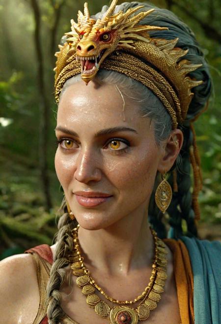 style: photorealistic, 
highly detailed, 
high resolution, 
a malicious amazon woman wearing an antique long roman toga with golden applications, 
(in her late 40s:3),
(plump:3), 
evil and dismissive smiling, 
glowing yellow dragon eyes, 
extravagant colored hair with long braids, 
strong wrinkles, 
stretch marks, 
cellulite,
(looking at camera:2.5)
standing proudly in a large rain forest with ruines of ancient greek buidlings, 
the scenerie is full of very warm light and colors
<lora:WildcardX-XL-Detail-Enhancer:1.5>