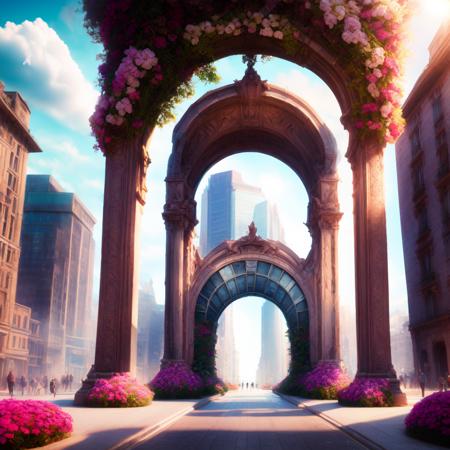 photo (FlowerGateway style:1) digital painting of an archway in the middle of a city <lora:djzFlowerGatewayV21:1>