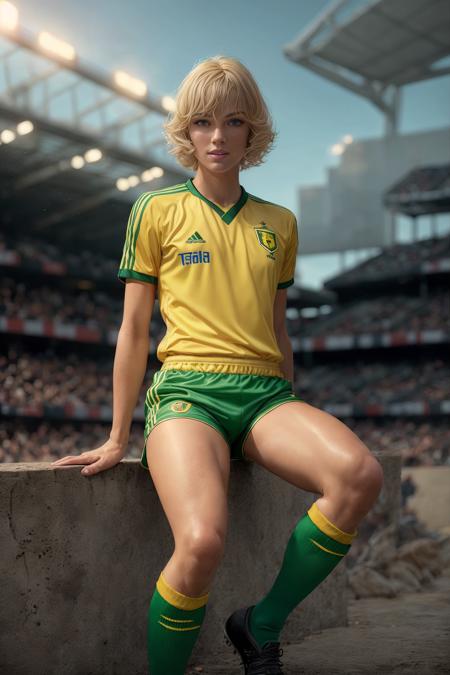 blonde woman  wearing a vintage soccer uniform, retrosoccer, yellow jersey, green shorts, full body, sitting, at the city, socks, cleets, realistic, masterpiece, highres, cinematic lighting, perfect face, detailed face,detailed eyes, detailed dress , full body  masterpiece, highres, detailed picture, detailed face, detailed eyes, full body, perfect face <lora:RetroSoccer-000003:1>