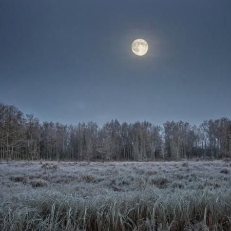 conniferous forest with low grass with heavy dew, heavy autumn frost, sky background with full moon in a cloud which makes it slightly muddled
