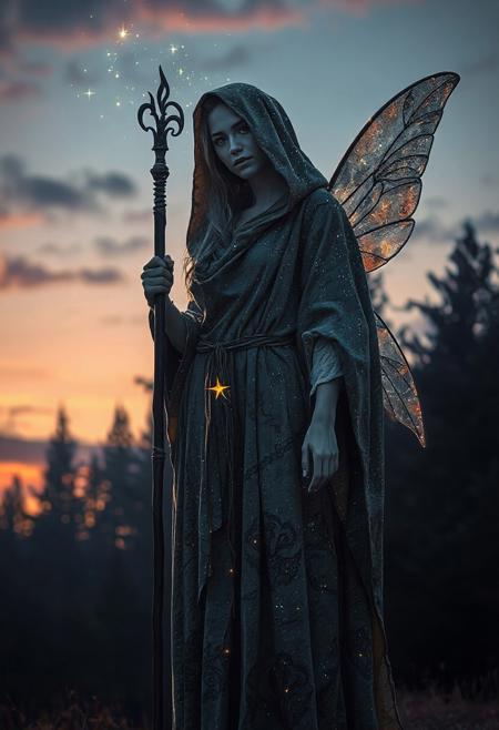 A mystical fairystands alone beneath a twilight sky, cloaked in a robe that shimmers with stardust. Her eyes glow faintly like distant galaxies, and a serene, knowing smile plays on her lips. Ancient runes faintly pulse along his staff, and the wind seems to whisper secrets around him. The forest behind her is alive with quiet magic, and the air shimmers with otherworldly energy.