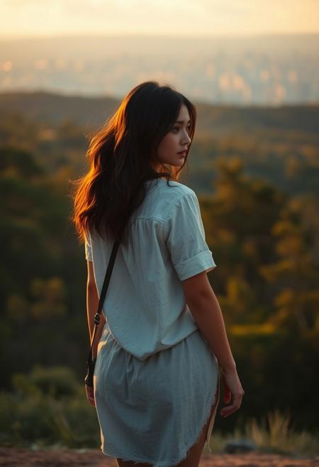 lone roguish female figure, walking away, glancing over shoulder, distant cityscape, transitioning from forest to urban environment, golden light of early morning or late afternoon, cinematic, journey progression, emotional warmth, subtle glance, candid, moment of doubt or hesitation, reflection on the journey, (forest in the background:1.2), city on the horizon, inviting introspection, natural light, dramatic lighting, depth of field, (captured naturally:1.2), (detailed background:1.3), (photorealism:1.4), 8k UHD, (blurry:-1.3), (lowres:-1.5), (ugly:-1.2), (mutated:-1.4), (worst quality:-1.4), (bad anatomy:-1.3), (cartoon:-1.1), (sketch:-1.1), (distorted proportions:-1.3), (extra limbs:-1.5), (cgi:-1.4), (extra characters:-1.5), (savanna:-1.4)