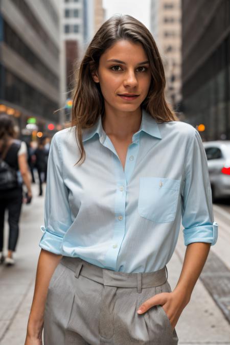 RAW photo of rileemarks, Effortlessly stylish in a Button-up shirt and slacks amidst bustling city streets, closeup portrait, (high detailed skin:1.2), 8k uhd, dslr, soft lighting, high quality, film grain, Fujifilm XT3, <lora:rileemarks-000017:1>