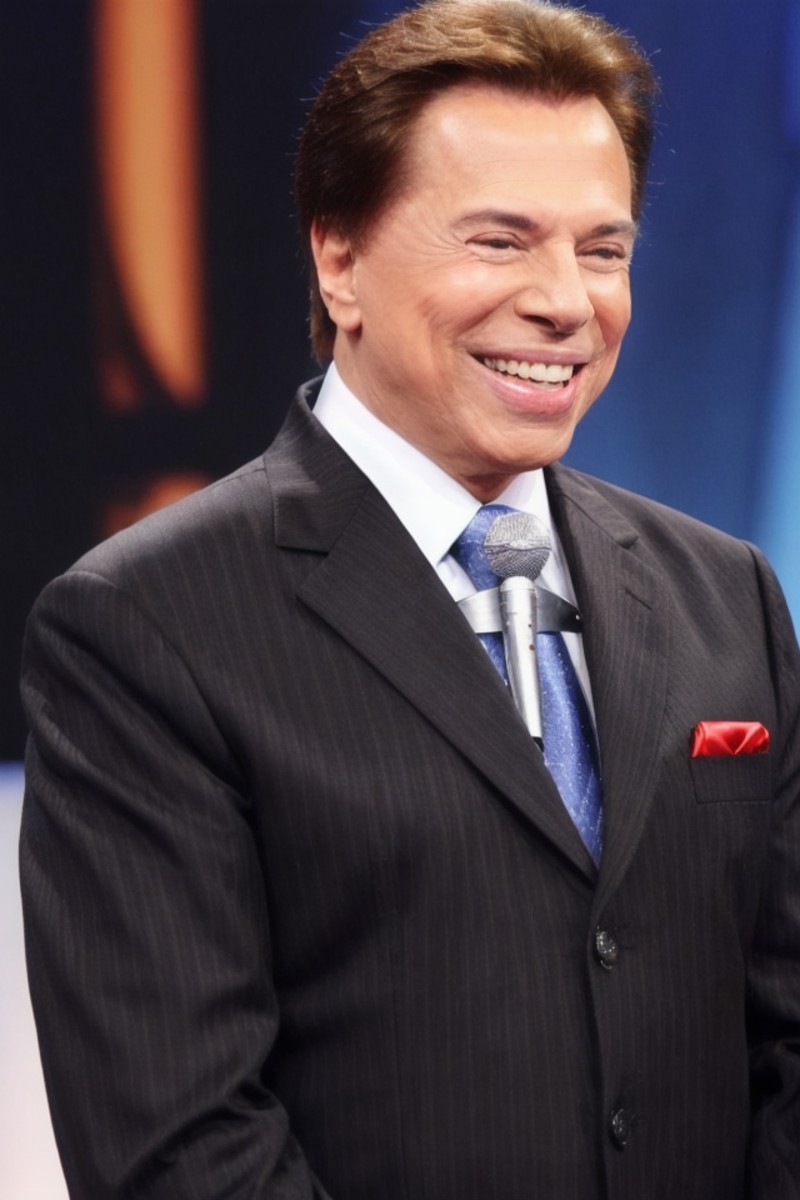 Photo of s1lv1o54nt0s man, smiling, in a tv show, sharp high quality HD image, black suit
