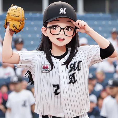 best quality, ultra-detailed, illustration,
chibalotteU, baseball uniform, baseball cap, 
1girl, solo, glasses, black hair, long hair, standing, happy, laughing, smile, upper body, looking at viewer, baseball stadium, 
 <lora:Chiba_LOTTE_MARINES_uniform_SD15_V1:0.8>