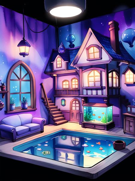 cuphead video game style, 1930s cartoon, hand drawn, watercolor backgrounds, rubber hose animation the image features a miniature house with an aquarium style design, creating a living room setting. it is illuminated from within by blue and purple lights, which enhance the overall ambiance of the scene.ï¼ <lora:CartoonStyle_Hap_XL:1.5>,cartoon style,anime,masterpiece,UHD,perfection,perfect,detailed, <lora:add-detail-xl:0.01> ,<lora:hand 4:0.00001> ,<lora:OverallDetailXL:0.0001>, <lora:detailed_notrigger:0.0001> ,<lora:xl_more_art-full_v1:0.01>, <lora:XDetail_light:0.00001> ,<lora:perfection style:0.00001>, <lora:age:0.00001>,