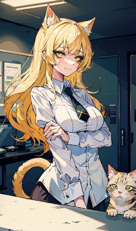 nsfw, masterpiece, (best quality:1.2), (sharp focus:1.2),
1 girl, slim girl,
(blonde|light_yellow hair), cat ears,
detailed face, young|cute face, blush, evil smile,
natural breasts, thin arms,
white collared shirt with black tie, black choker,
in a modern office, indoor