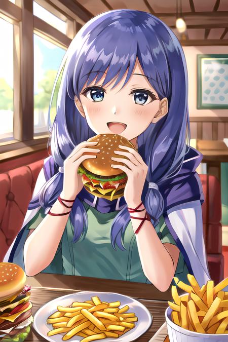 <lora:ilyana-10:0.8>, ilyana fe, 1girl, solo, looking at viewer, tavern setting, pov across table, green shirt, cape, <lora:HamburgeranimeV1:0.4>, eating a hamburger, nom hamburger, two hands, excited, happy, :d, ribbon, french fries