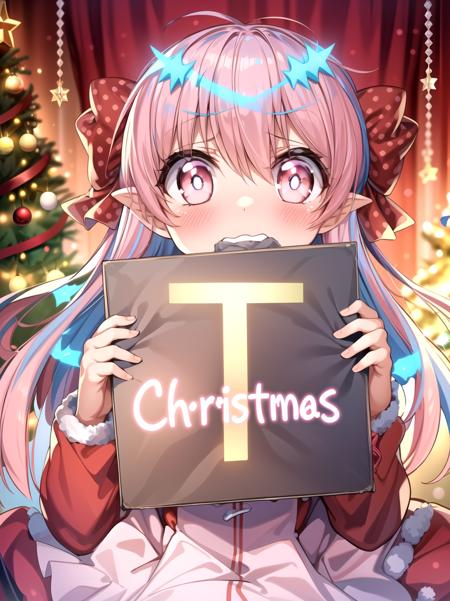 (Red Christmas dress:1.3), Christmas hair ornament, (glowing Christmas tree:1.3), (blush:1.2), Innocent, (shy:1.2), cute, Flat, Medium hair, Skirt, masterpiece, best quality, Side ponytail, (light pink hair:1.3), (gradient hair:1.0), white horns, Pointy ears, layered, frills, bare shoulders, sleeves, (Light blue hair:1.2), (Glowing sign text:1.3)