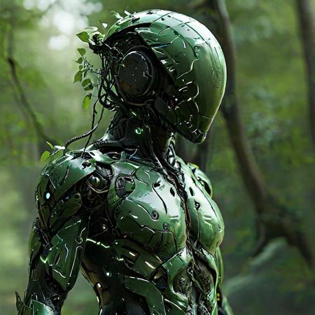 (designed by Rembrandt van Rijn:1.2) , noface neon of a majestic, cyborg, wearing Titanium and Reflective Glass armor with green colors, stripes, nature background, Sharp and in focus, Lonely, Decopunk, side lit, made from fractal vines, green colors, endless, bokeh, High resolution, HDR, high dynamic range, noface, cyborg, ISO 100, ISO 200, ISO 400, f/1.8, f/3.5, bokeh, High resolution, HDR, high dynamic range, 4K