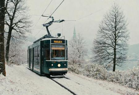 (Bokeh:1.1), kodak photo 38 mm, breath-taking film photography, movie effects, film grain, epic, masterpiece, best of the best, 4k uhd, intricate details, muted colors, wide shot of the modern black tram passing by Vienna in winter, snowy, pines, gigantic frozen lake surrounding the whole frame, minimalistic, shallow depth of image, crisp, clear, haze lighting, muted colors, cloudy