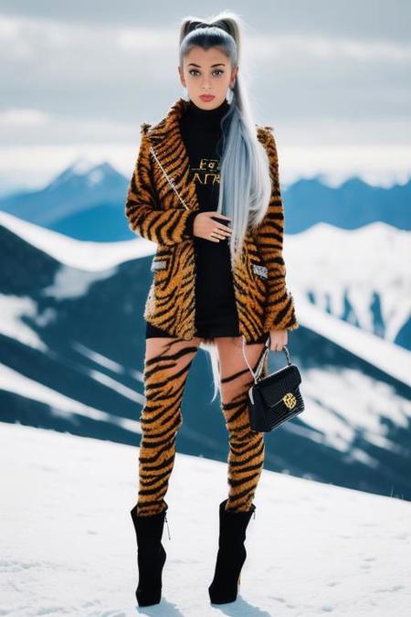 Full body open furry suit with feets, girl with catears and ponytail, tiger eyes, extra long hair, Ariana grande. halo. She wears knee high high heel platform boots. stiletto heels. white-black-gold tiger print color to show. clothing like full body open drees clothes. she also has bright blue eyes. The environment is snowy mountain with northern lights. She has platina white colour hair.