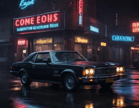 Neon noir <lora:AB ILL Vehicle:1>,Andrew Bell,car,classic, . Cyberpunk, dark, rainy streets, neon signs, high contrast, low light, vibrant, highly detailed